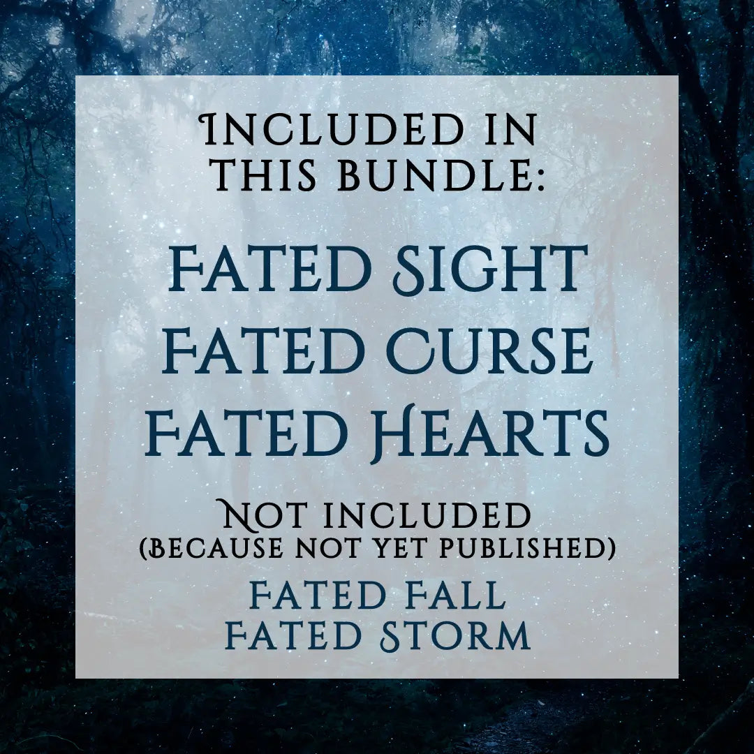 Ebook starter bundle for the first three books of the Shifters of Ragnarok series by Skye Malone. A dark and magical blue forest background under a semi-transparent white text box. The text inside reads: Included in this bundle: Fated Sight, Fated Curse, Fated Hearts. Not included in this bundle (because not yet published) Fated Fall, Fated Storm