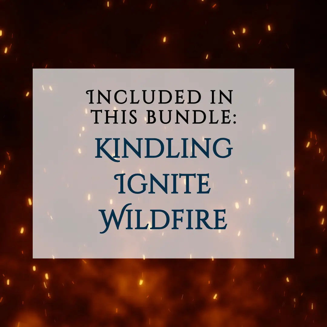 Ebooks included in the complete Kindling Trilogy bundle by Skye Malone. An orange fiery background with a semi-transparent white rectangle on top that says Included in this Bundle: Kindling, Ignite, Wildfire