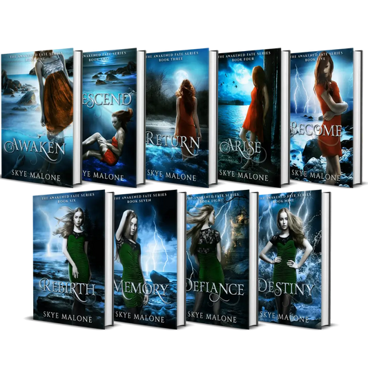 Covers for the hardback editions of the entire nine book Awakened Fate series by Skye Malone, young adult mermaid paranormal romance