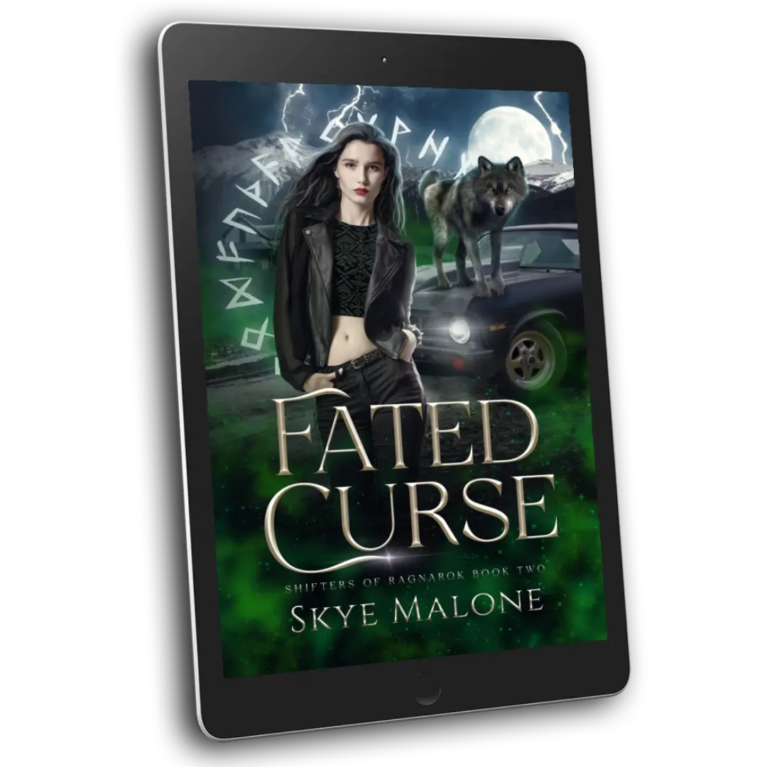 Ebook edition of Fated Curse by Skye Malone, a paranormal wolf shifter romance, with a dark haired girl on the cover and a wolf standing on the car next to her