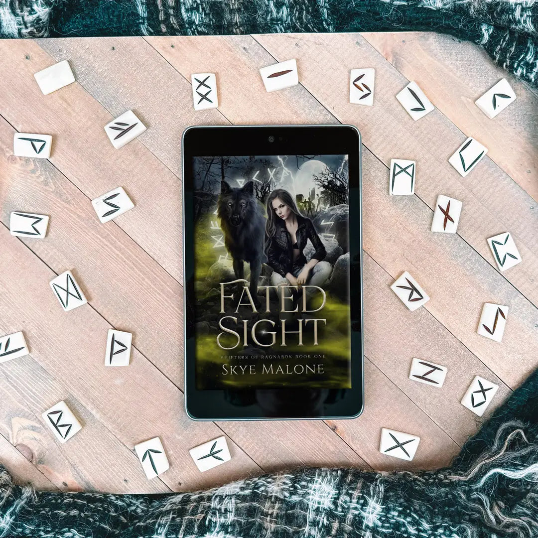 The paranormal shifter romance novel Fated Sight by Skye Malone on an ereader lying on a wooden board with white bone runes and a sweater surrounding it.