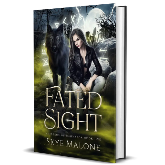 Fated Sight by Skye Malone, hardcover edition of the steamy paranormal romance with wolf shifters. Girl with a wolf sitting beside her and zombies approaching on the horizon beneath a stormy sky.