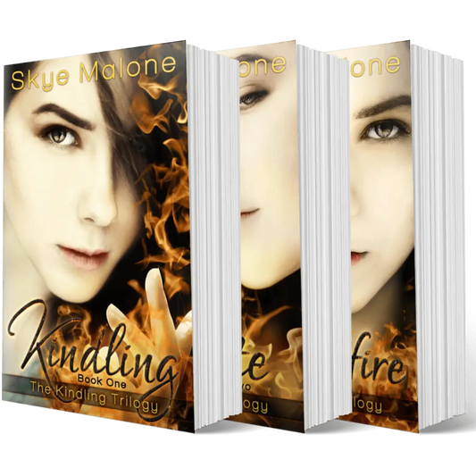 Paperback editions of the three books of the complete Kindling Trilogy by Skye Malone, a young adult urban fantasy series set in the modern world. A dark-haired girl is pictured with a serious expression. She holds up her hand and with fire around her fingertips.
