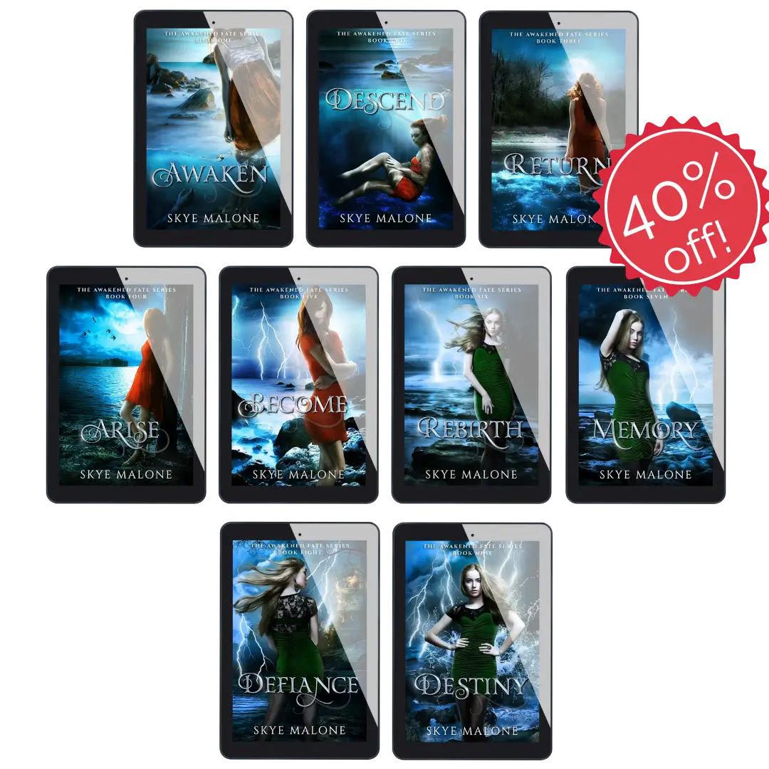 Magical mermaid romance bundle offered by Skye Malone. The complete Awakened Fate series, including Awaken, Descend, Return, Arise, Become, Rebirth, Memory, Defiance, and Destiny by Skye Malone. Each cover features a young woman in a dress standing before the ocean.